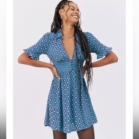 Urban Outfitters Blue Retro Style Patterned Dress - Picture 1 of 7
